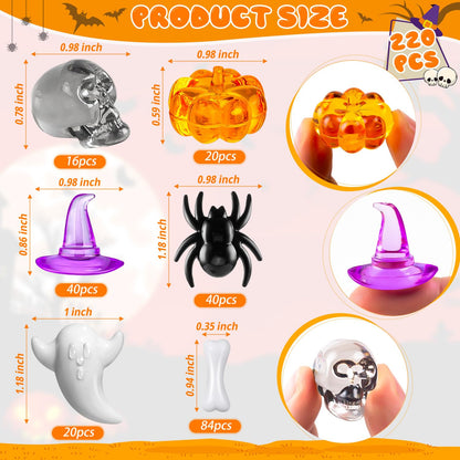 ZHWKMYP 220 Pcs Halloween Vase Filler, Mini Acrylic Pumpkin Ghost Skull Spider Witch Hats Gems for Centerpieces Table Decorations, Halloween Sensory Bin Filler Decor for DIY Crafts