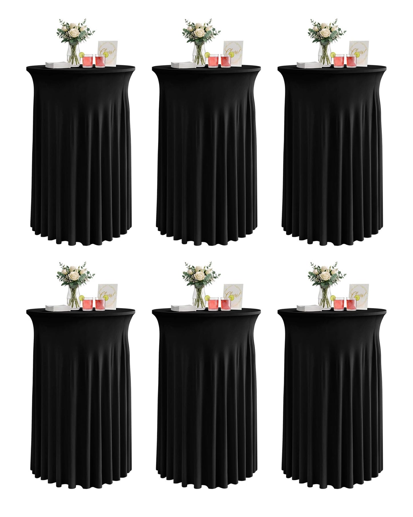 KeyWave Cocktail Table Tablecloth with Skirts - 32x43 Inch Wavy Spandex High Top Cocktail Table Covers, Ruffle Drape Highboy Tablecloth Reusable for Party Wedding Cake Standing Table, Black, 6 Pack