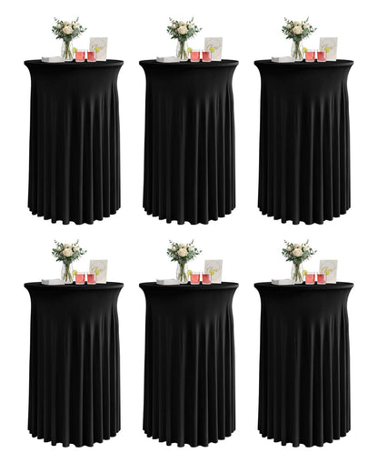 KeyWave Cocktail Table Tablecloth with Skirts - 32x43 Inch Wavy Spandex High Top Cocktail Table Covers, Ruffle Drape Highboy Tablecloth Reusable for Party Wedding Cake Standing Table, Black, 6 Pack