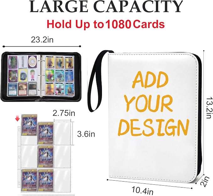 Custom Card Binder 1080 Pocket, DIY Anime Sports Cover Design, Portable Waterproof Storage Album with Removable Sleeves for Baseball Football Soccer One Piece Cards Collectors