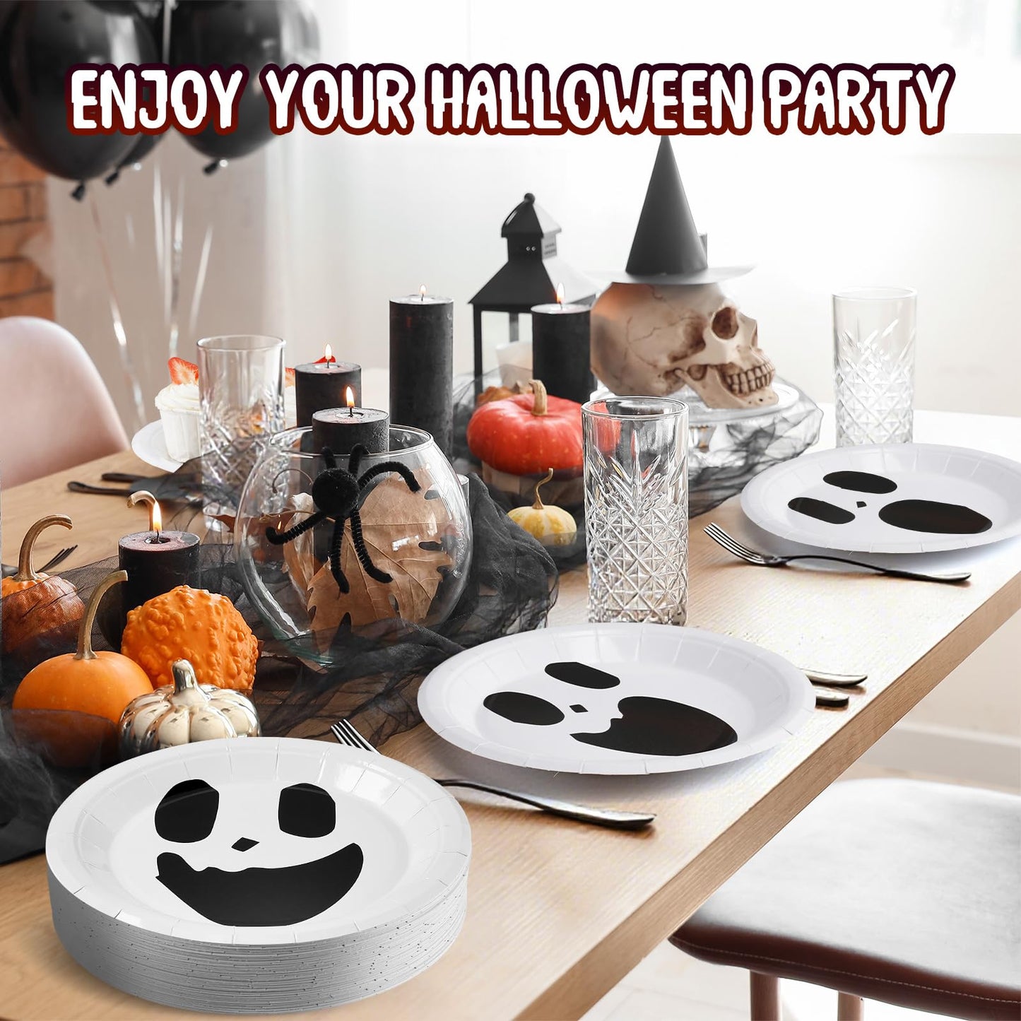Roshtia 100 Pcs Halloween Paper Plates 7 Inch Round Decorative Ghost Dinner Plates Bulk for Trick or Treat Birthday Party Supplies