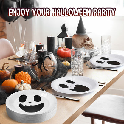 Roshtia 100 Pcs Halloween Paper Plates 7 Inch Round Decorative Ghost Dinner Plates Bulk for Trick or Treat Birthday Party Supplies