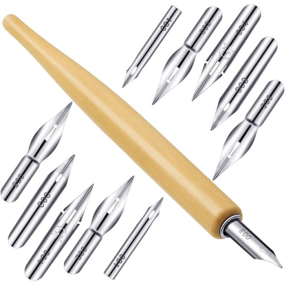 11 Pieces Comic Pen Nib Set, G Ink Pen Nib Stainless Steel Drawing Calligraphy with Wooden Holder for Writing, Painting, Signing(White)