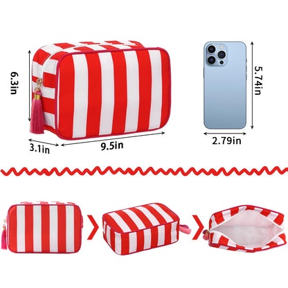 EMBRUNIOICE Stripe Makeup Bag Travel Cosmetic Bag Organizer Tassel Toiletry Bag Large Canvas Zipper Pouch and Accessories Storage Bag for Women (Red with Pink)
