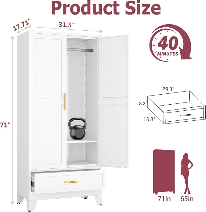 GAIOUS Metal Armoire Wardrobe Closet Cabinet with 2 Doors and Drawer, 71" | Household Wardrobe Cabinet with Hanging Rod, Clothing Storage Cabinet with Adjustable Shelf for Bedroom Cloak Room Gym White