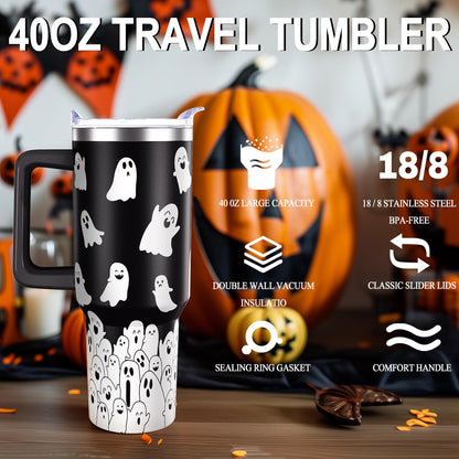 Hqhzaha Halloween Tumbler 40oz Cute Ghost Spooky Tumblers with Lid and Straw Halloween Spooky Gifts for Women Men Stainless Steel 40 Oz Coffee Cup Cute Spooky Gift for Adults