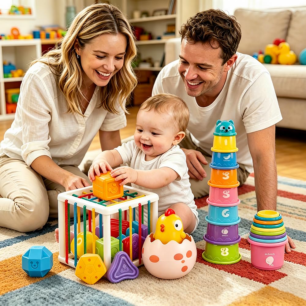 Caiery 4 in1 Montessori Toys for 1 Year Old,17 Pcs Boys Girls 1st Birthday Gifts, Stacking Cups,Shape Sorter,Multi Sensory Shapes for Babies Early Educational Baby Travel Toys for Toddler 6-12 Months