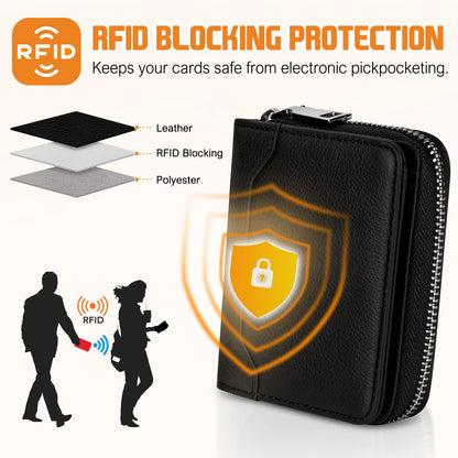 HUANLANG Credit Card Wallet for Women Men Leather Accordion Wallet, RFID Blocking Zipper Card Case Holder with Coin Pocket