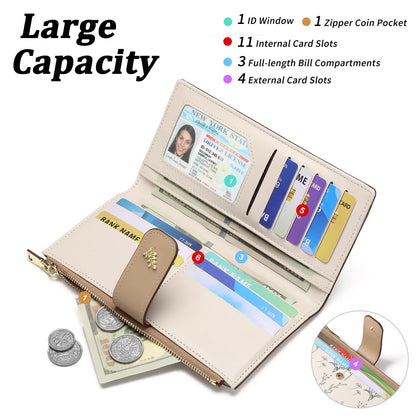 GAEKEAO Womens Wallet Slim Thin RFID Blocking Floral Vegan Leather Card Holder Bifold Long Ladies Wallet with Zipper Pocket