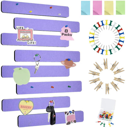 Vuzvuv 8 pcs Bulletin Board Bar Strips with 50 Pushpins & 10 Wooden Clip pins，Self Adhesive Cork Board for Wall，Felt Pin Board for School，Office Decor(Medium Purple)
