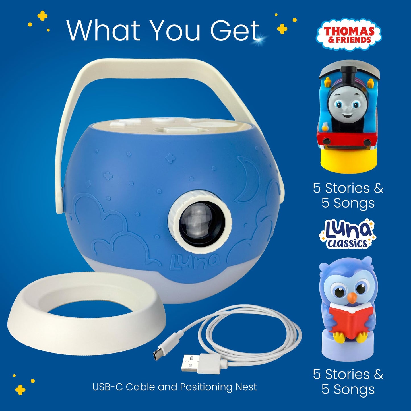 Kids Book Projector – 5 Thomas & Friends and 5 Classic Read-Aloud Stories, 10 Songs & Night Light & Soothing Dream Music | Children Ages 3+ Storytime Projector for Kids & Toddler | Toys, Owl & Thomas
