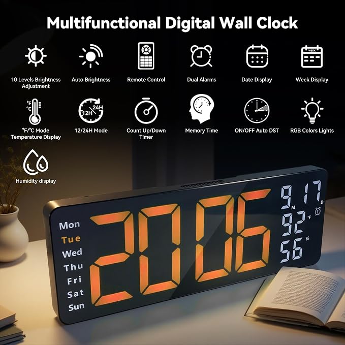 Digital Wall Clock Large Display, 17.3" Digital Clock with RGB Color Remote Control, Auto-Dimming Big Wall Clock with Night Light,Auto DST,Date Week,Temp for Home Decoration, for Elderly (Orange)