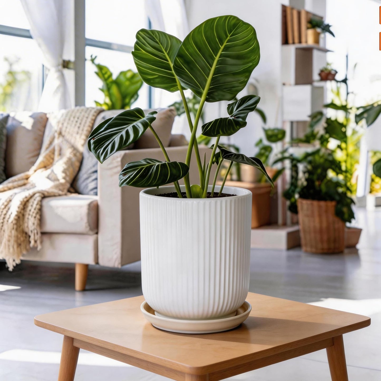 Deep Dream 8 Inch Ceramic Pots for Plants, Heavy Plant Pot for Indoor Outdoor Plants, Large Plant Pot with Drainage Hole and Saucer, Modern Tall Flower Pot, Gifts for Plant Lovers, White