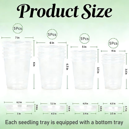 Frukwoc 4/5/6/7 Inch Clear Nursery Pots 20 Pack, Assorted Size Plastic Plant Pots with Drainage Holes, Transparent Flower Pots for Indoor Outdoor Seedlings Gardening (4+5+6+7 Inch)