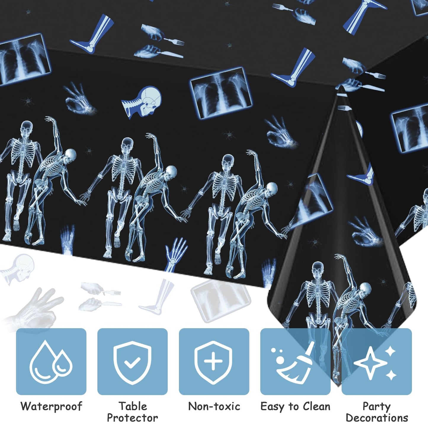 3 Pack Radiology X Ray Theme Disposable Tablecloths Halloween Funny Dancing Skeleton Table Cover Plastic Waterproof Table Cloth for Medical Party Radiology Doctor Birthday Graduation, 54 x 108 Inch