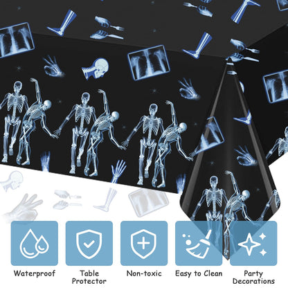 3 Pack Radiology X Ray Theme Disposable Tablecloths Halloween Funny Dancing Skeleton Table Cover Plastic Waterproof Table Cloth for Medical Party Radiology Doctor Birthday Graduation, 54 x 108 Inch