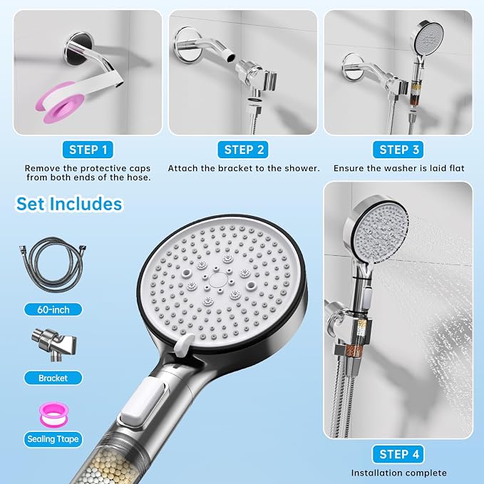 Filtered Shower Head with Handheld, 6-Spray High Pressure Shower Head to Reduce Dry Itchy Skin, Handheld Shower Head Set Includes 60" Hose & Adjustable Bracket