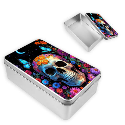HGGJFLYX Metal Tin Box with Lid, Square Storage Container for Game Cards, Crafts and Candles, Decorative Tin Organizer and Gift Box for Home, Office and Kitchen,Floral Skull Butterflies