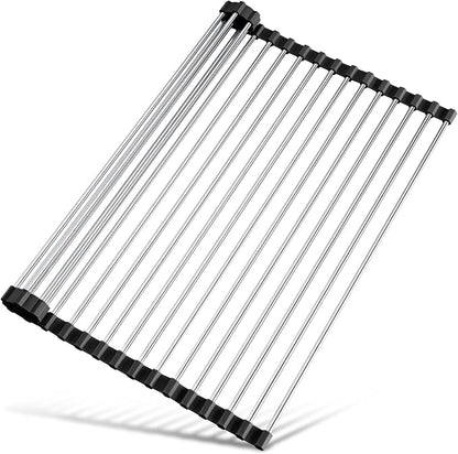 Tomorotec 17.7" x 12.5" Roll Up Dish Drying Rack Over Sink Drying Rack Sink Cover Kitchen Sink Accessories Gadget Multipurpose Organizer Foldable Stainless Steel Drainer