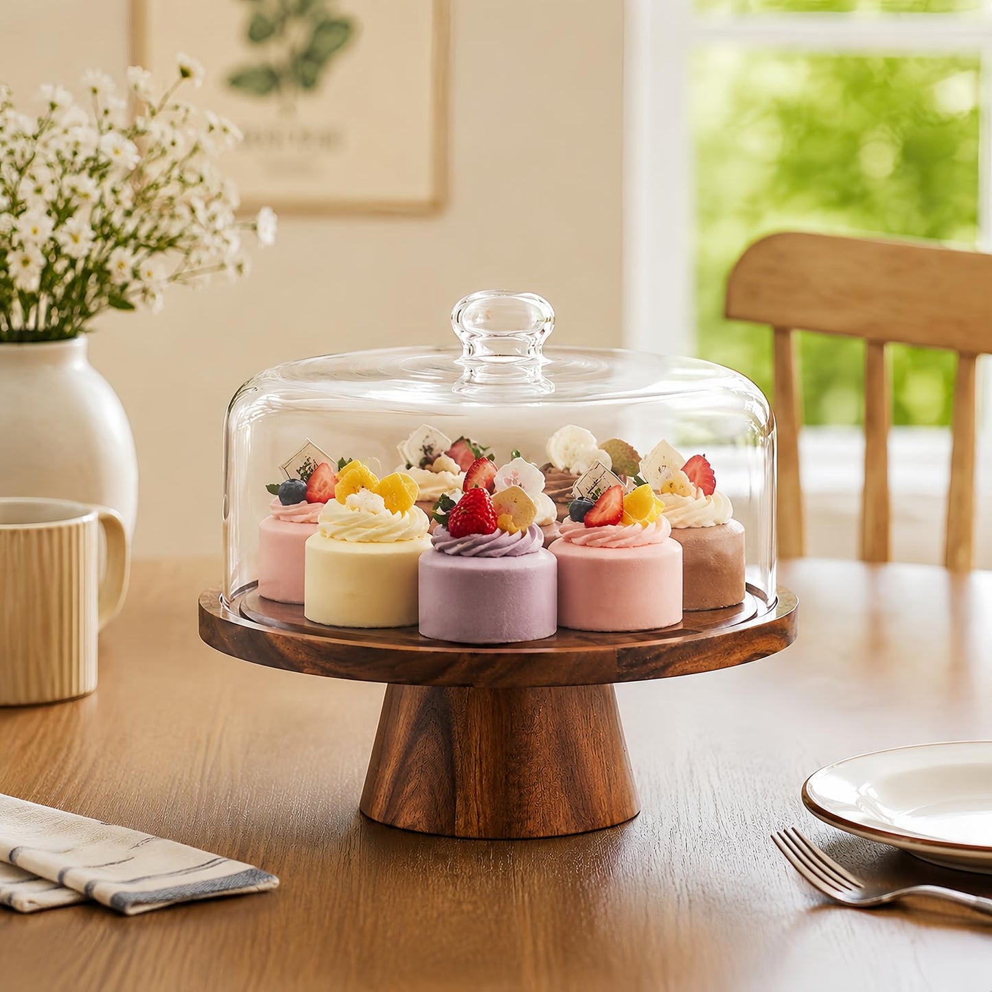 PopularLdo Acacia Wood Cake Stand with Lid - 12 Inch Magnetic Detachable Cake Stand with Dome, Shatterproof Acrylic Cover, Versatile Cake Holder & Charcuterie Board for Parties, Dessert Table Display