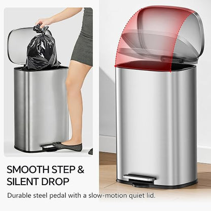 13 Gallon Trash Can (50L) and 1.6 Gallon (6L) Kitchen Trash Can Combo Set, Stainless Steel Garbage Can with Lid and Step-on Pedal, Soft Close Waste Bin with Inner Bucket for Home & Office
