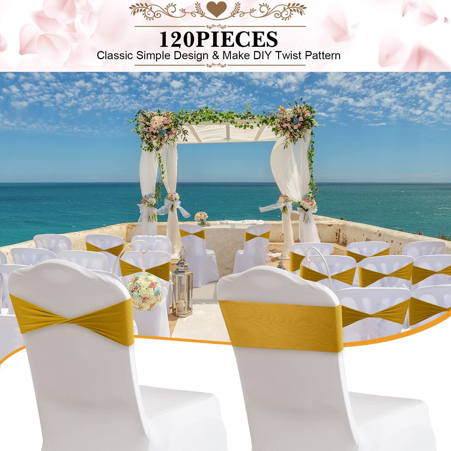 Frienda 120 Pieces Spandex Stretch Chair Sashes Bows, Elastic Chair Cover Bands Ties Without Buckle for Wedding Reception Events Universal Ceremony Banquet Decorations (Dark Gold)