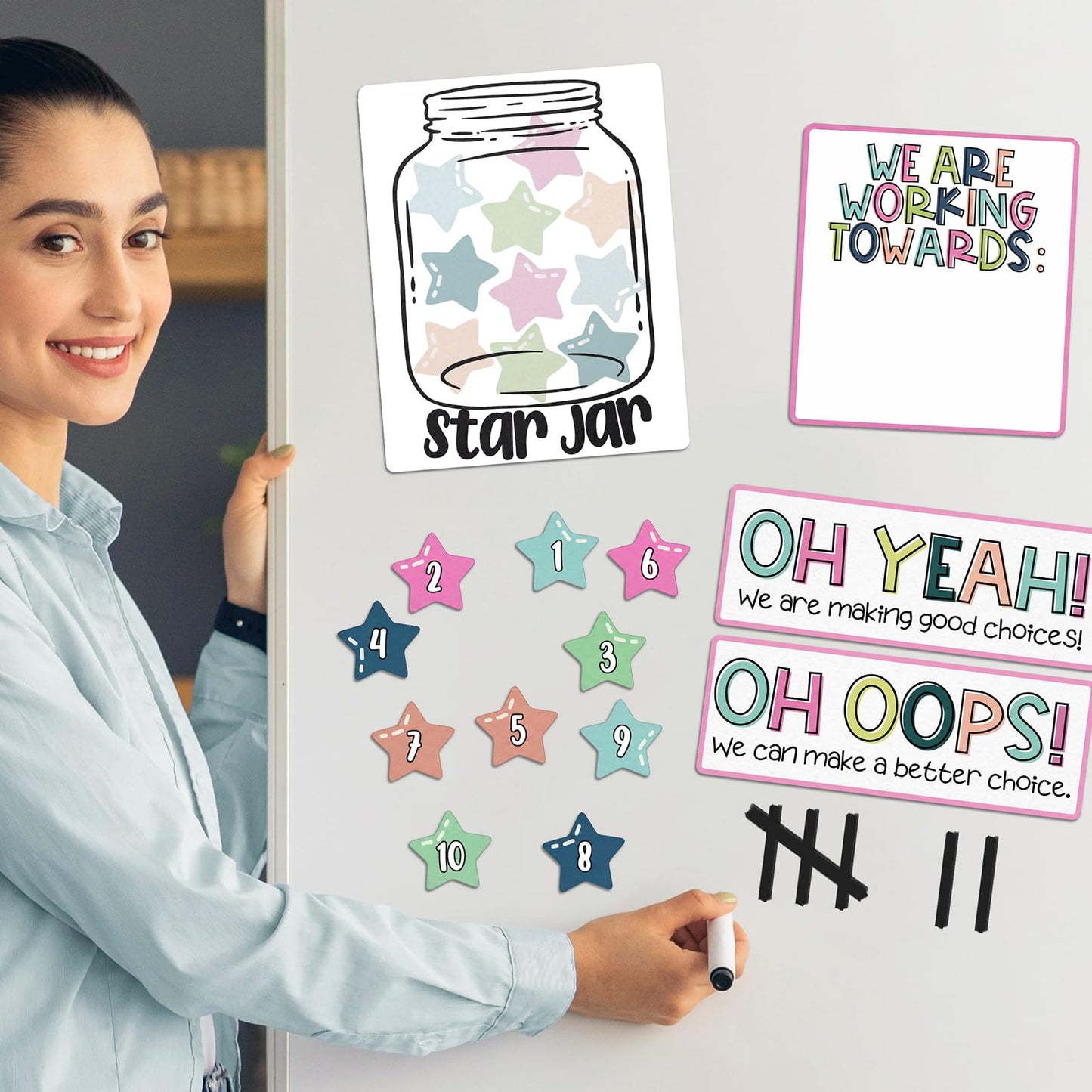 ForraFun Star Jar Classroom Behavior Chart Magnets Set – Oh Yeah Oh Oops We Are Working Towards Signs, Group Reward System for Teachers, Whiteboard Magnets for Classroom Management K-5