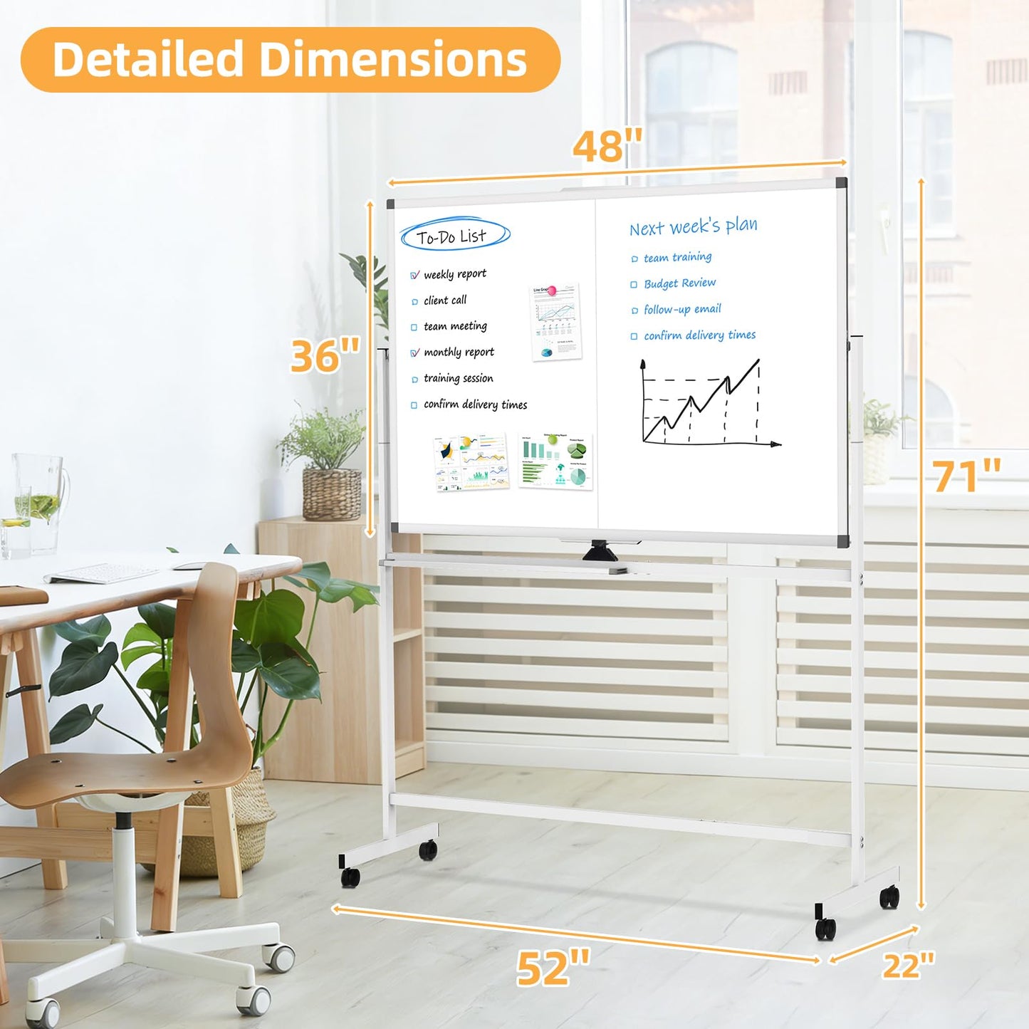 WALGLASS Rolling Dry Erase Whiteboard, 48"x36" Double-Sided White Board on Wheels, Large Portable White Board with Stand, Mobile Standing Whiteboards for Office, Home, School, Classroom 4x3 ft