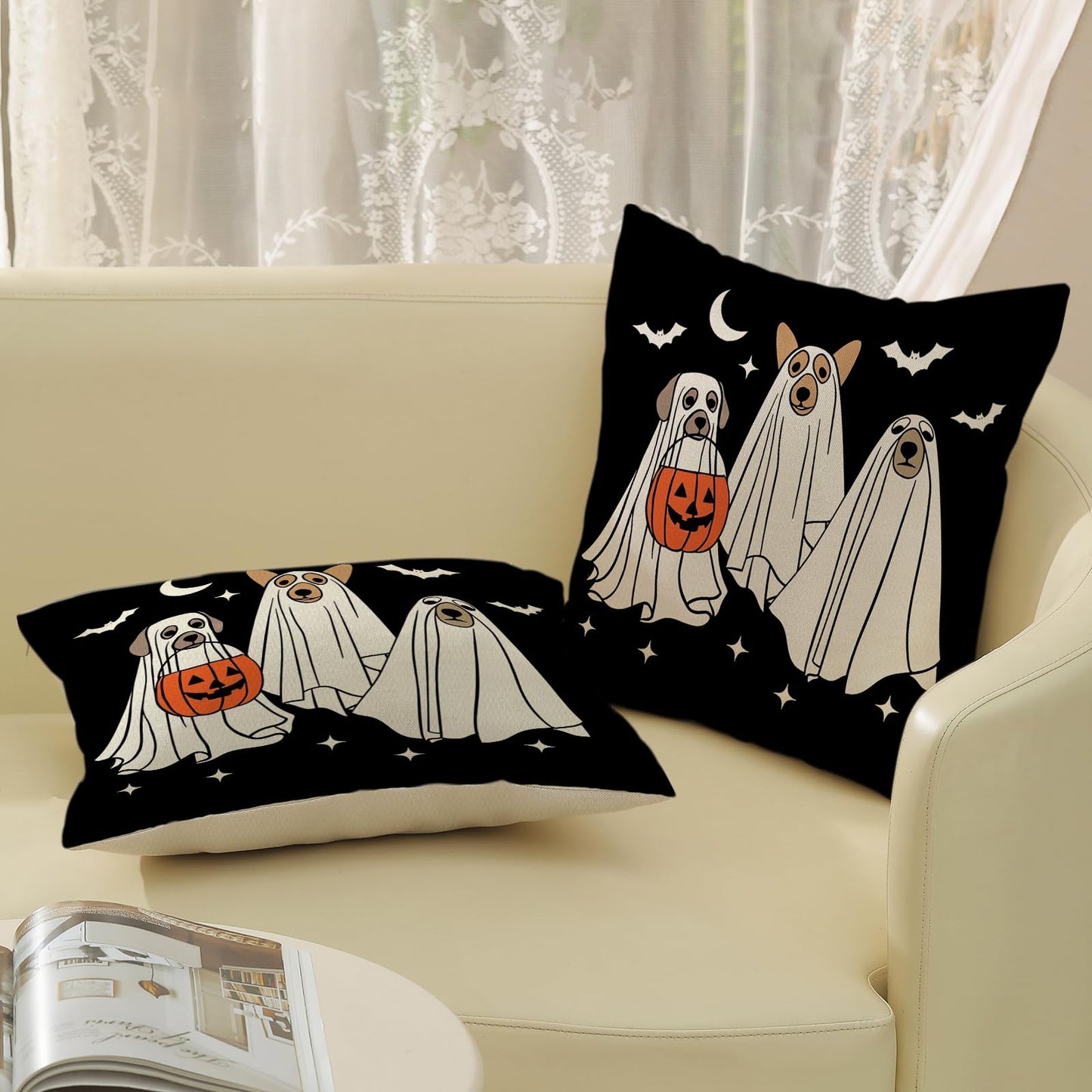 JEFERSO Halloween Pillow Covers 18x18 Inch Set of 2 Black White Dog Ghost Throw Pillows Fall Halloween Home Decorations Pillow Cases Autumn Holiday Linen Outdoor Decor Cushion Case for Couch Sofa