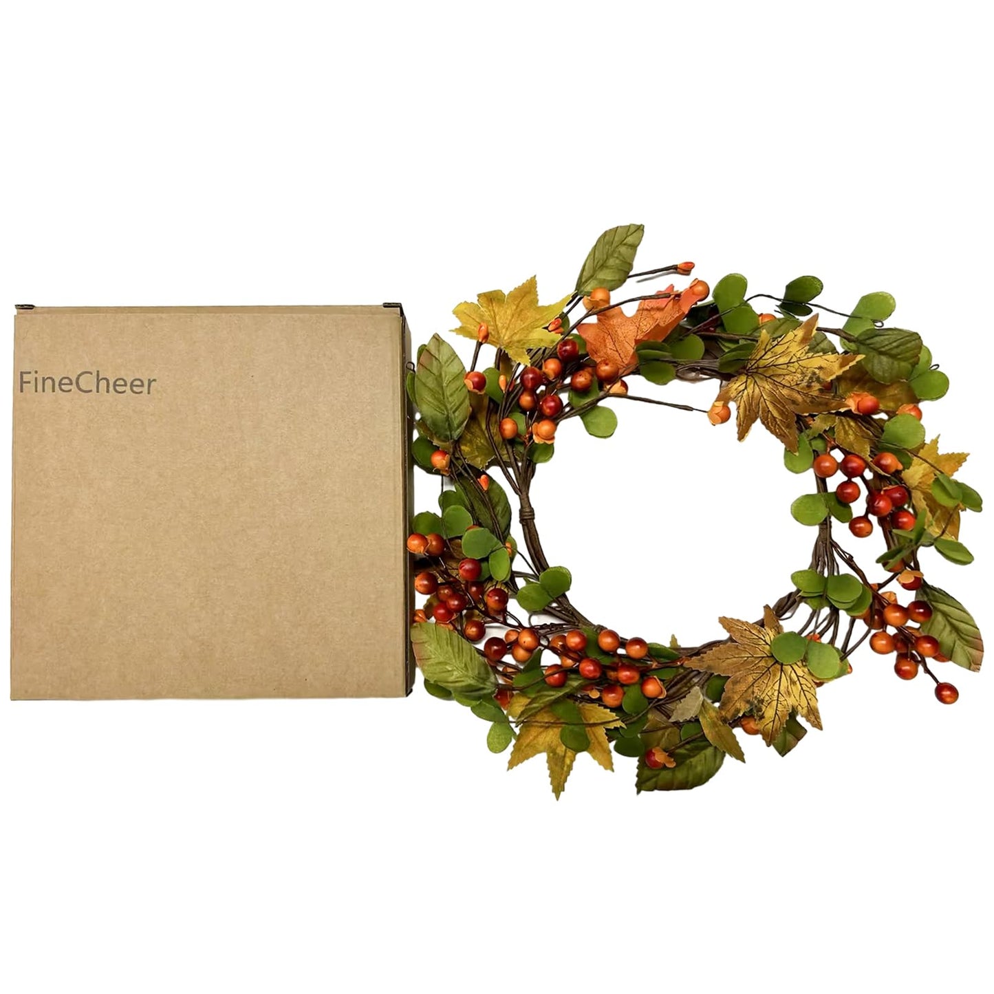 FineCheer 1 Pcs 12'' Outer Fall Thanksgiving Candle Rings Artificial Maple Leaves Berries Garland for Candlestick Autumn Wreath Candle Holders for Table Centerpiece Front Door Decor