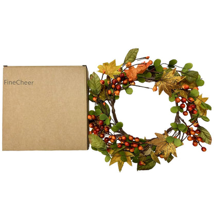 FineCheer 1 Pcs 12'' Outer Fall Thanksgiving Candle Rings Artificial Maple Leaves Berries Garland for Candlestick Autumn Wreath Candle Holders for Table Centerpiece Front Door Decor
