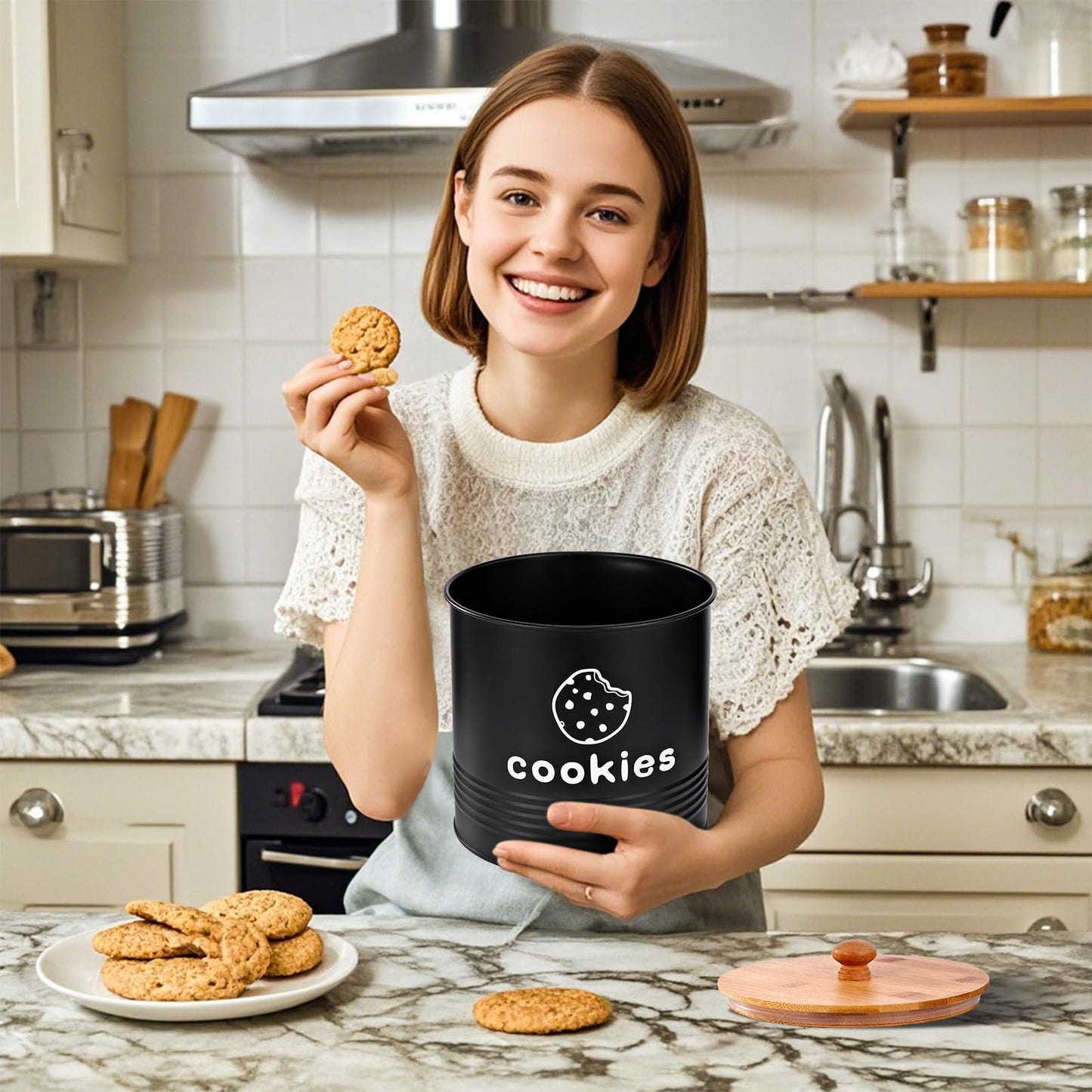 LUKMILEE Cookie Jars with Lids Airtight, Large Cookie Tins, 1.5 Gallons Cookie Jar for Kitchen Counter Decorative, Farmhouse, Christmas, Mother's Day Gift Cookie Storage Containers (Black)