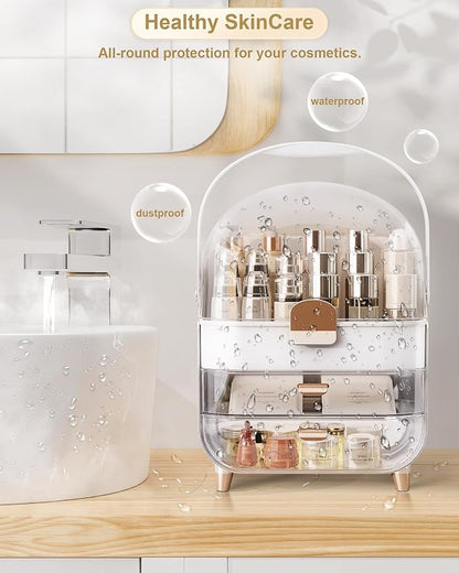 Makeup Organizer Countertop, Skincare Holder Bathroom Counter Organizer, Storage Box Cosmetic Display Cases, Teen Girl Gifts Make up Organizers (White/Brush)