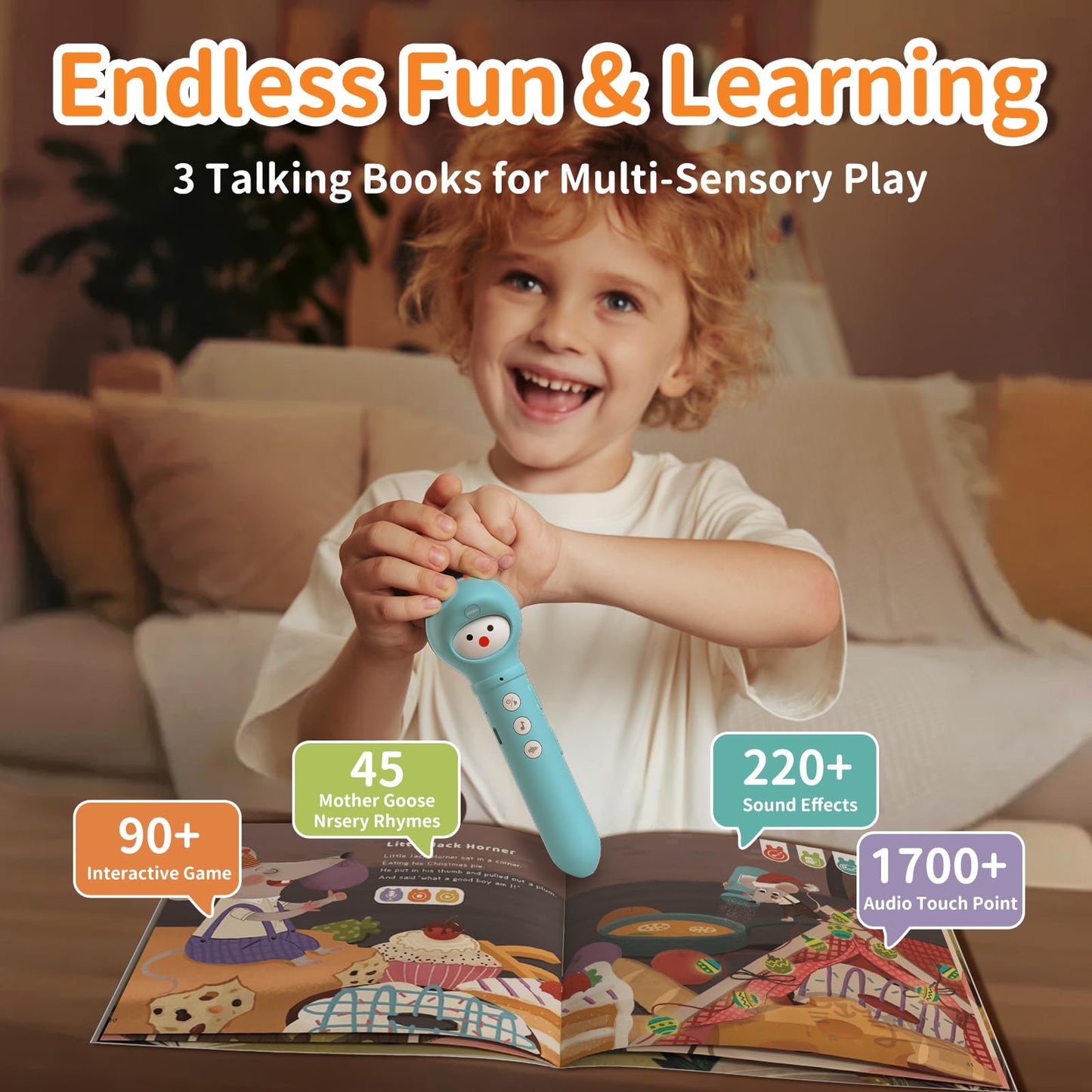 alilo Talking Pen Books Sets for Toddlers 3-6, Kids Learning Electronic Toys, with 3 Interactive Audio Sound Books, 100 Talking Flash Cards, Early Educational Gifts for Boys Girls (16GB Storage)