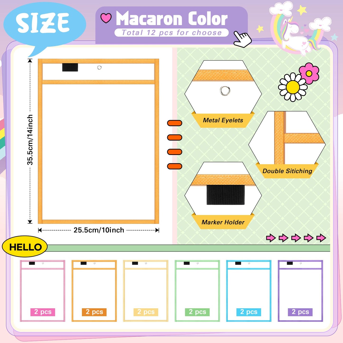 24 Pcs Dry Erase Pocket Reusable Sleeves 10" x 14" Clear Plastic Sheet Protectors with Markers and Mini Dry Erasers for Paper(Pastel)