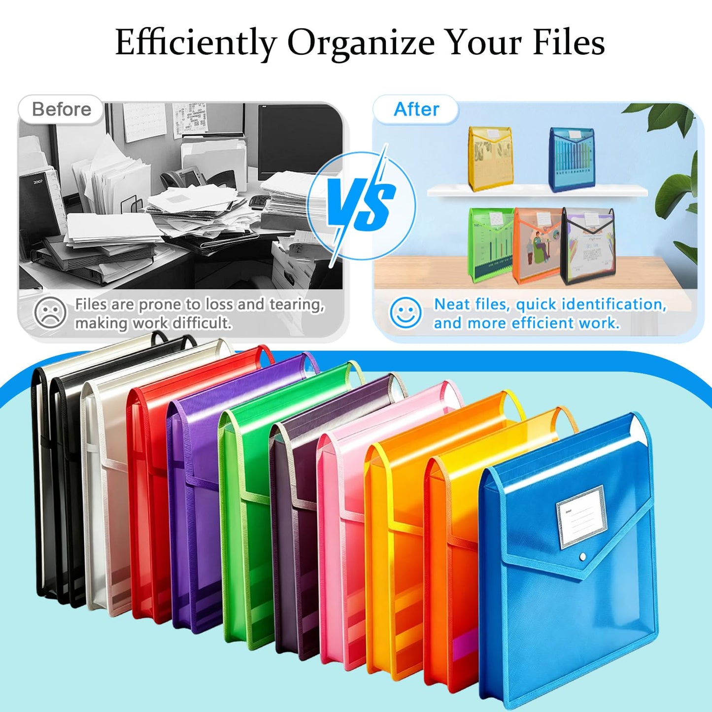 Plastic File Folder, 10 Pcs Large-Capacity Poly Envelope Expanding Wallet Document Folder Letter Size A4 Accordion File Pouch with Label Pocket, Snap Button for School Home Work Office Organization
