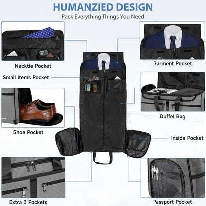 IBVIVIC Convertible Garment Bags for Travel, 2-in-1 Carry On Garment Duffle Bag With Shoe Compartment for Women Men, 50L Hanging Suitcase Suit Travel Bags with Shoulder Strap, Grey