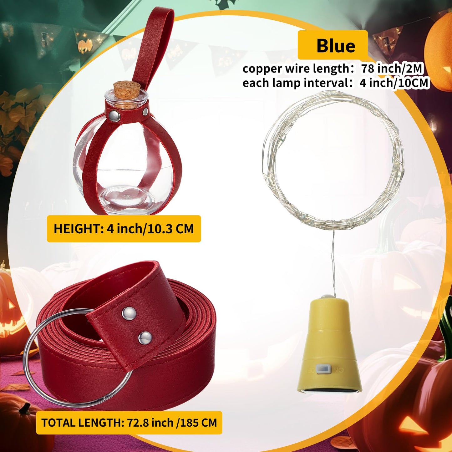 Geyoga Halloween Witch Potion Bottles Wizard Staff Solar Light up Medieval Renaissance Witch Accessories Dark Magic Cork Bottle with Belt Decor(Burgundy with Green Light)