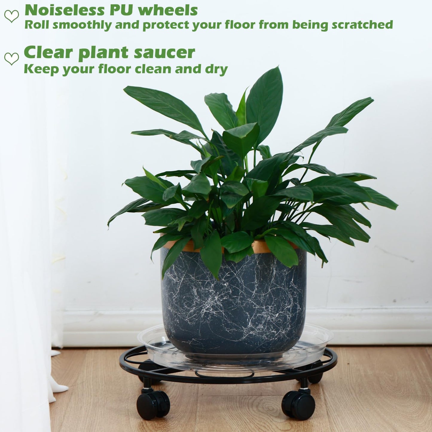 DEELF OUTLET 5 Packs 12 inches Large Metal Plant Caddy with Wheels Round Planter Dolly Pot Mover Rollers Wrought Iron Rolling Plant Stands Indoor Outdoor Wheeled Plant Holder Coaster Trolley, Black