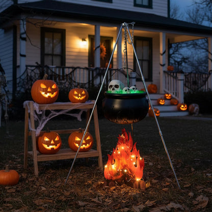 WinnerWhy 11 Pcs Large Witches Cauldron Halloween Decor Set Cauldron on Tripod with Spider Webs Fake Fire String Lights Skulls for Halloween Indoor and Outdoor Party Supplies