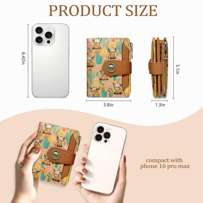 Icycay Highland Cow Small Wallet Women RFID Blocking Bifold, Cute Credit Card Holder, Zipper Coin Pocket, PU Leather, Compact, Travel, 4 ID Window, 14 Card Slots, Cash Purse, Ladies Woman