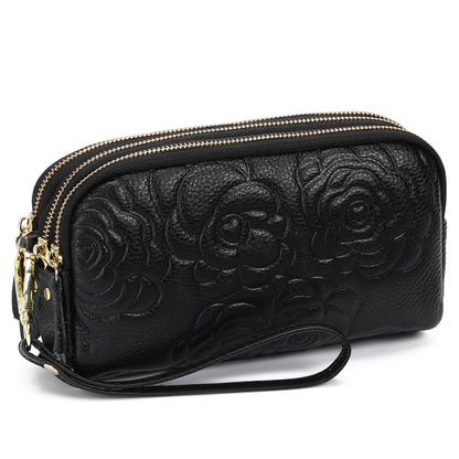 GOIACII Wristlet Wallets for Women Leather Womens Wallet Large Capacity Clutch Purse Handbags 3 Zippers with Strap Black