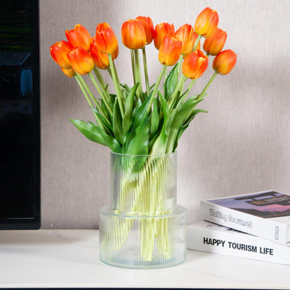 20 Pcs Real Touch Artificial Tulips with Vase, Large Faux Flower Arrangement in Heavy Fluted Glass, Bouquet for Dining Table Centerpiece, Home Office, Spring Decor, Set with Dust Bag (Orange)