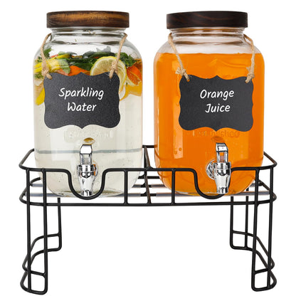Waymind 1 Gallon Glass Drink Dispensers with Wood Lid, 2 Pack Clear Beverage Dispenser with Stand and Spigot for Parties, Lemonade Dispenser with Markers and Chalkboard for BBQ, Picnic