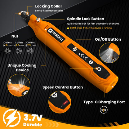 HARDELL Mini Cordless Rotary Tool, 5-Speed and USB Charging Rotary Tool Kit with 69 Accessories, Multi-Purpose 3.7V Power Rotary Tool for Sanding, Polishing, Drilling, Etching, Engraving, DIY Crafts