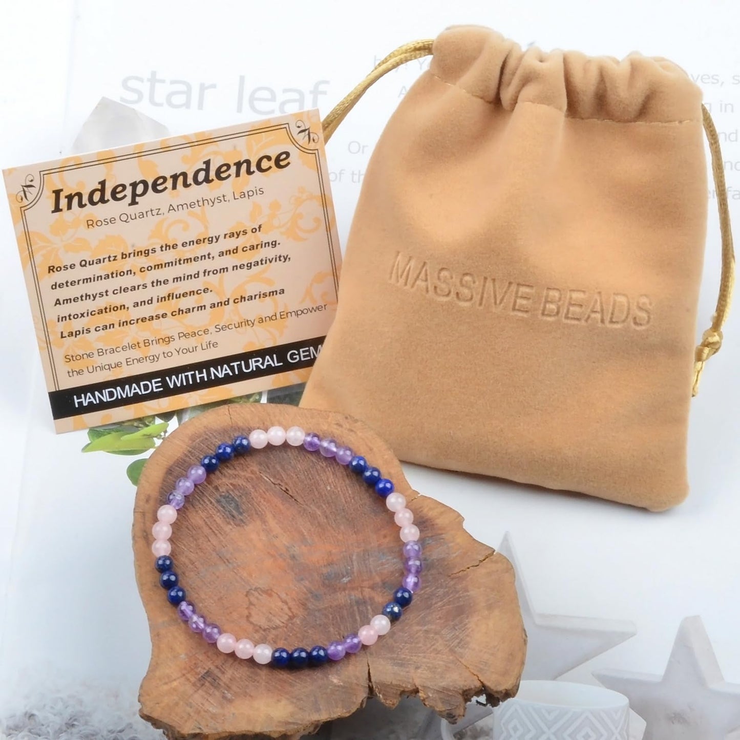 MASSIVE BEADS Rose Quartz Amethyst Lapis - Independence Handmade Handmade Yoga Stretch Elastic Bracelet Natural Stone Crystal Healing Power Energy Gifts for Unisex Adult 4mm