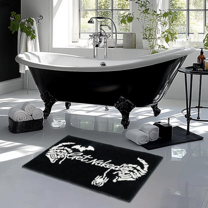 Lindameler Get Naked Gothic Bath Mat Black White Gothic Bathroom Rug Skull Skeleton Get Naked Bath Mat Non-Slip Rug Washable Goth Bath Rug for Front Door, Bedroom, Living Home Decor 20x32 inch