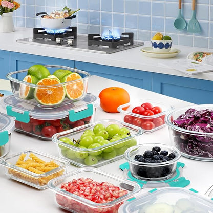 VERONES 30 Pieces Glass Meal Prep Containers Set, Stackable Glass Food Storage Containers with Lids-Airtight Lunch Containers，for Microwave, Oven, Freezer & Dishwasher,Green
