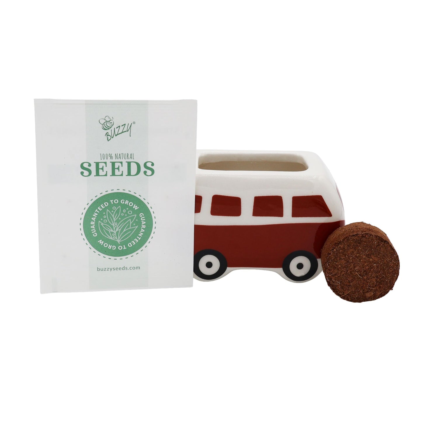 BUZZY Seeds Mini Ceramic Flower Bus Grow Kit, 4-Pack – Colorful Retro Bus Planters with Daisy, Cosmos, Calendula & Coneflower Seeds, All-in-One Seed Starter Gift Set