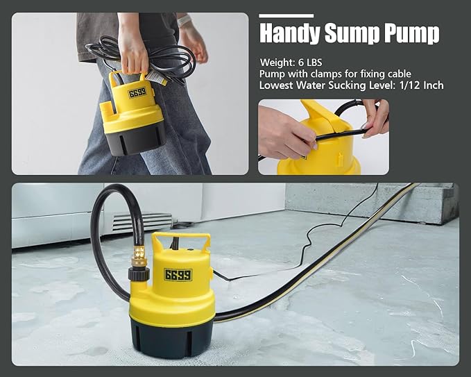 Submersible Sump Pump 1/4 HP 1500GPH Utility Pump Thermoplastic Electric Portable Transfer Water Pump with 10-Foot Cord for Pool Tub Garden Pond Draining Tankless Heater Flushing